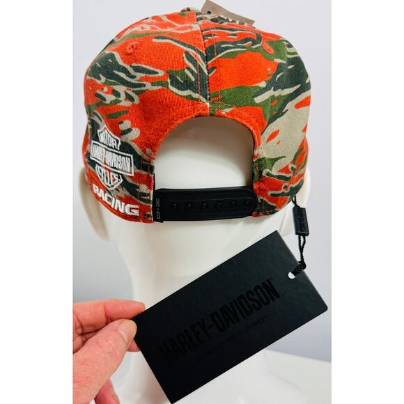 Harley-Davidson Snapback Hat Men's Biker Flat Bill Camo Orange Green Racing NWT - Picture 2 of 3